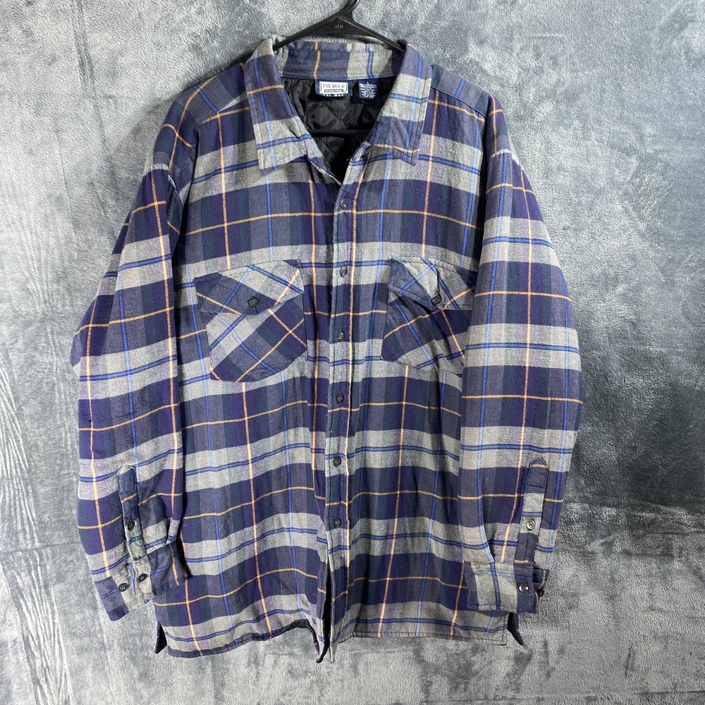 Premier International Flannel Quilted Shirt Jacket Shacket Mens Large Blue Plaid